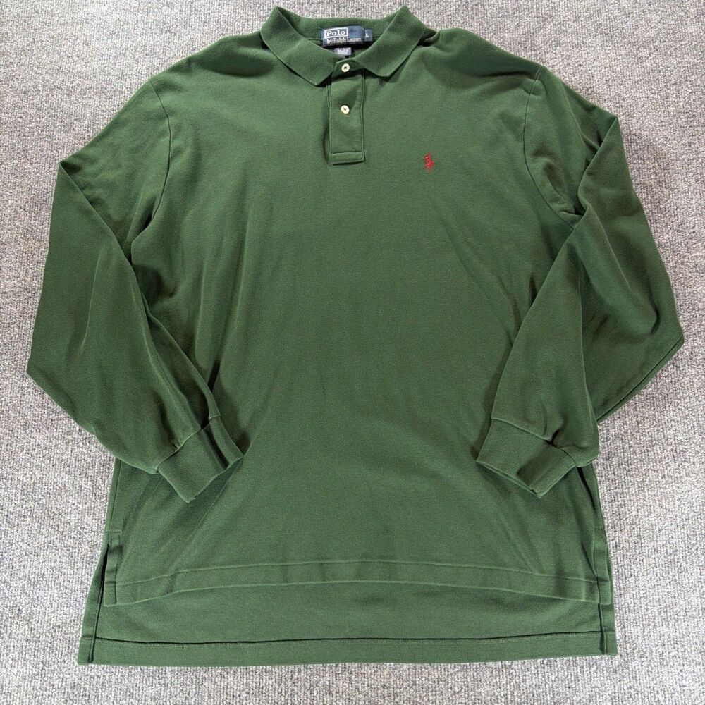 Polo Ralph Lauren Men Long Sleeve Polo Shirt Green Red Pony Large Cotton